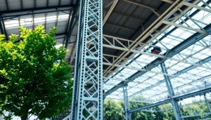 Showcasing steel structure design with a striking industrial framework in a natural setting.