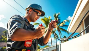 Electrician apprentice in Hawaii working with tools on a residential project.