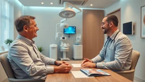 包茎手術 おすすめ の最新クリニックでの相談。親しみやすい医師と患者の様子。