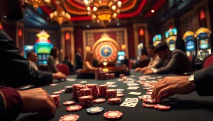 Experience high-stakes gambling excitement at layarkaca21 with vibrant poker chips and cards.