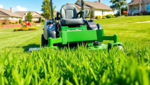 Zero turn mowers for sale showcased in action, effortlessly mowing a vibrant green lawn.