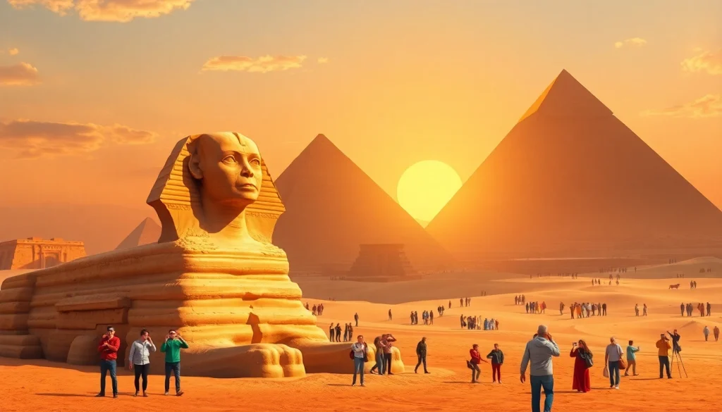 Explore the mesmerizing piraminds at sunset, showcasing tourists in a lively desert.