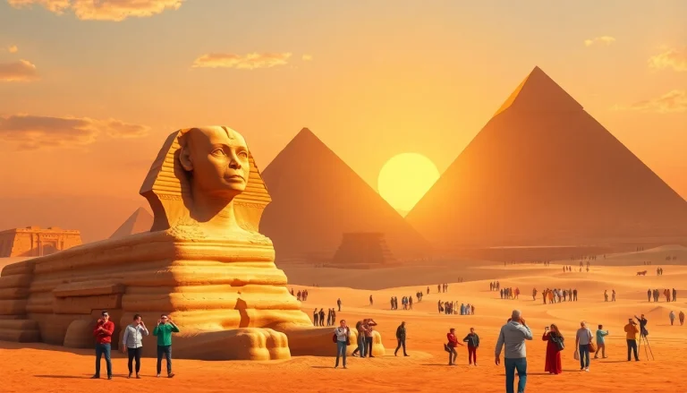 Explore the mesmerizing piraminds at sunset, showcasing tourists in a lively desert.