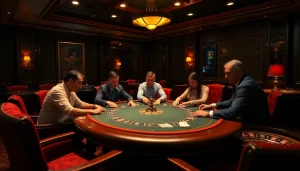 KJC RR88 poker scene with intense players, luxurious casino elements, and vibrant lighting.
