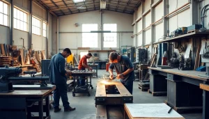 Crafting custom steel fabrication in a professional workshop environment showcasing skilled workers.
