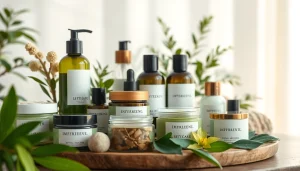 Peržiūrėkite ekologiškus kosmetikos produktus, kuriuos demonstruoja natūralūs ingredientai.