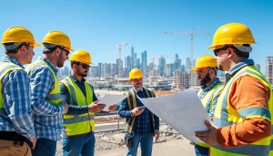 Workers in Denver from a construction association engaging in teamwork on-site activities.
