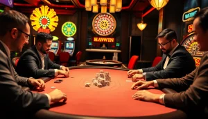 Experience the thrill of poker at Haywin's premium casino table with players and chips.