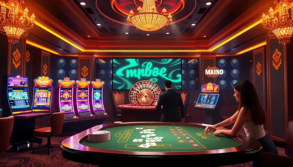 Experience the excitement of nhà cái mm88 with a vibrant casino scene featuring betting tables and slot machines.