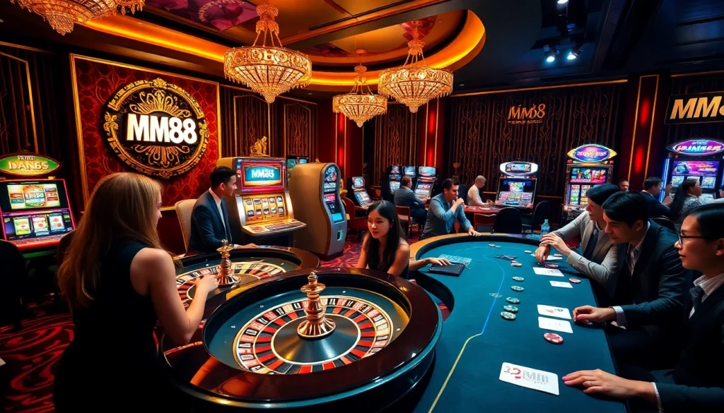 Engaging casino atmosphere featuring MM88 branding with players enjoying roulette, poker, and slot machines.