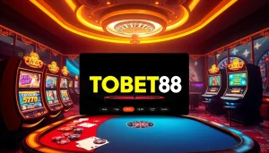 Engaging visual representation of TOBET88's homepage, showcasing vibrant poker tables and slot machines for online gambling excitement.