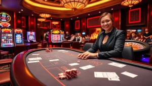 Excited players engaging at a blackjack table at NK88 net, surrounded by vibrant slot machines.