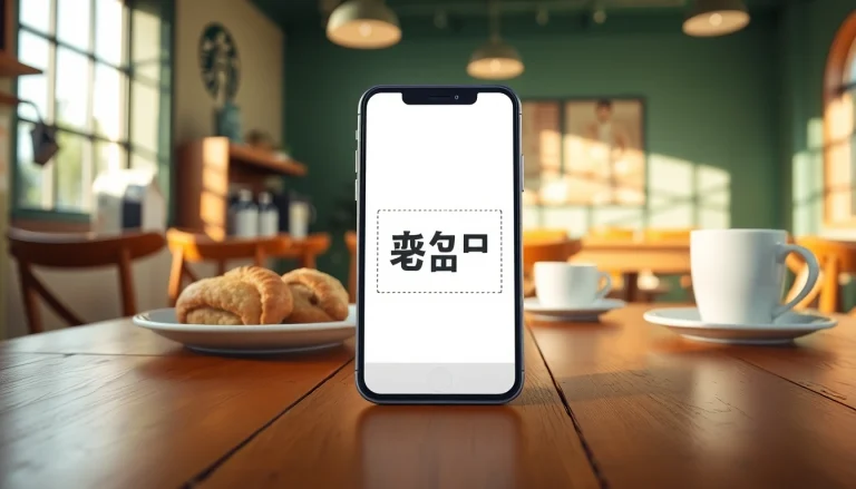 스타벅스 모바일쿠폰 displayed on a smartphone in a cozy café setting with coffee cups.