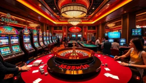 Exciting casino scene at 555win featuring roulette and vibrant slot machines.