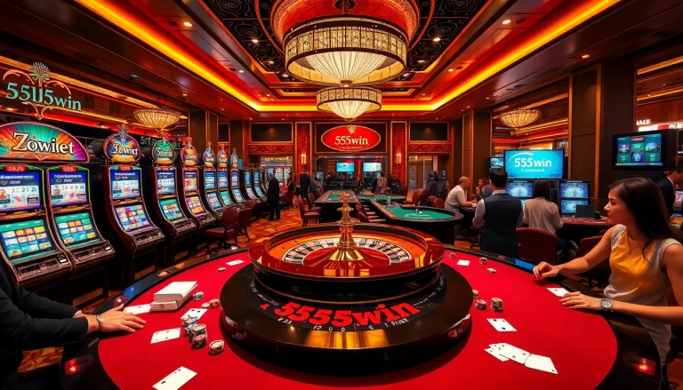 Exciting casino scene at 555win featuring roulette and vibrant slot machines.