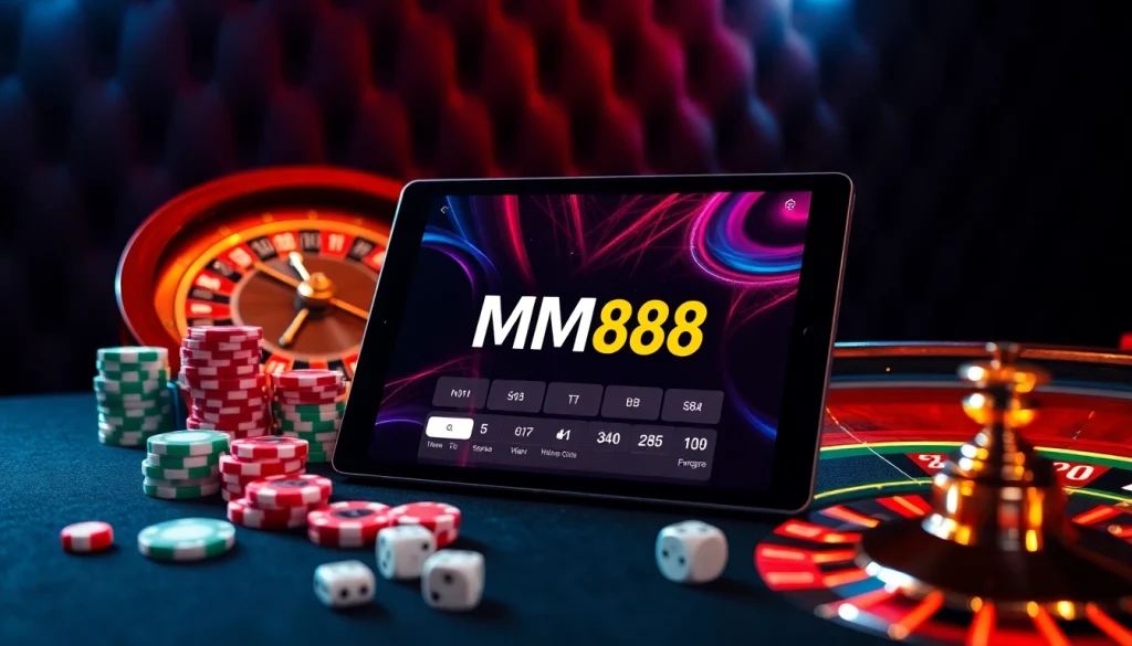 Experience MM88's exciting casino atmosphere with poker chips and a roulette wheel.