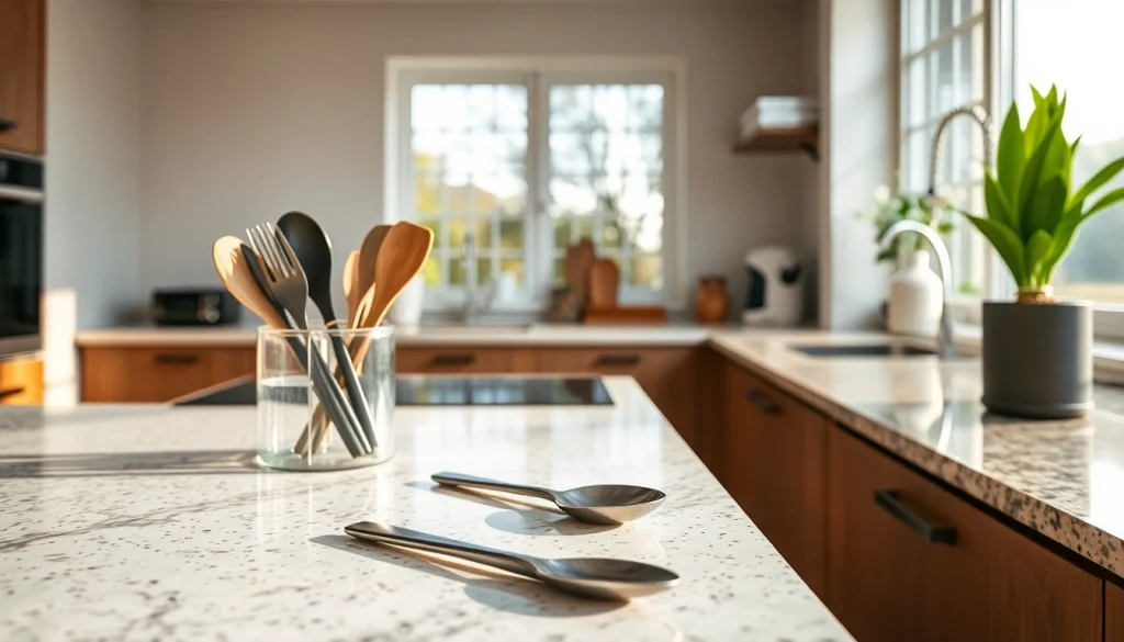 Kitchen Worktop Materials Comparison featuring diverse surfaces including granite, quartz, and laminate in a modern kitchen.