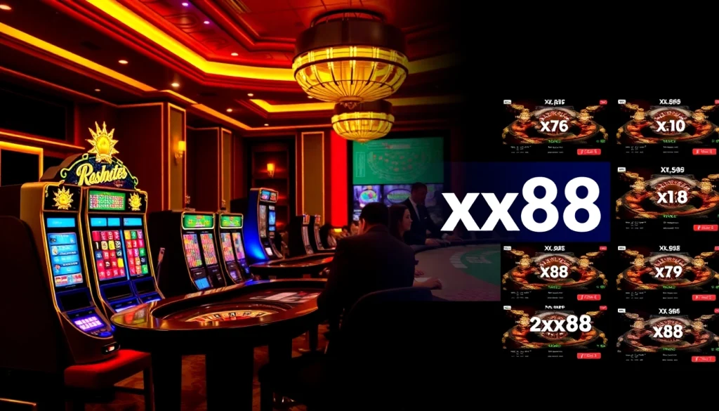 Exciting casino scene showcasing the xx88 link with vibrant slot machines and roulette wheel