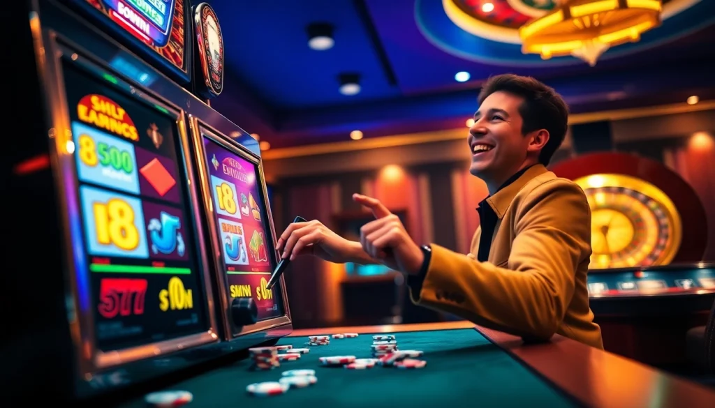 Seorang pemain berinteraksi dengan mesin slot situs, dikelilingi chip poker berwarna-warni dan roda roulette, memancarkan kegembiraan.