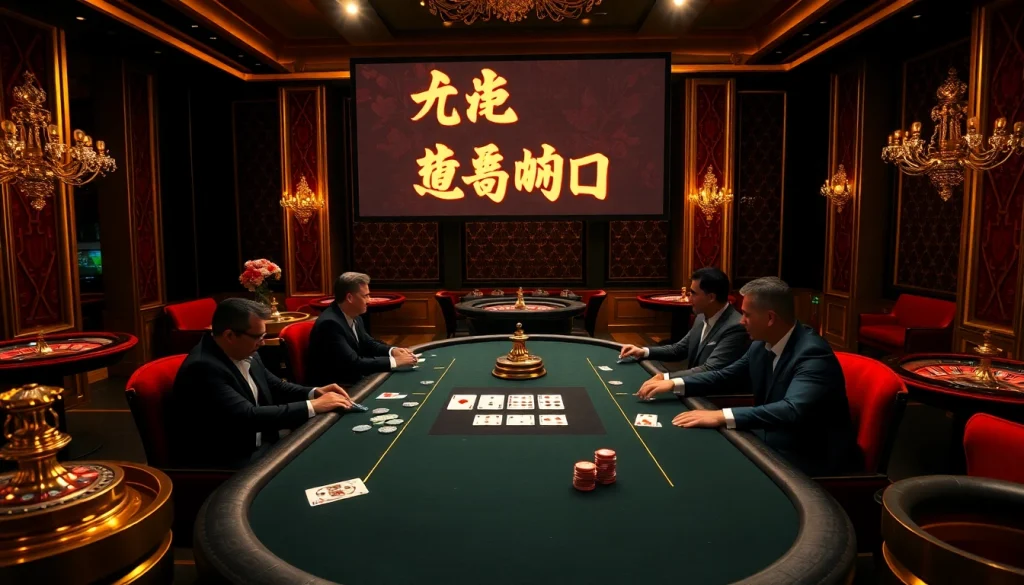 Experience רמי אונליין with an exciting poker game amidst luxurious casino decor.