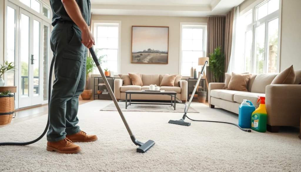 Carpet cleaning specials offered by expert technician in a clean and bright living room.