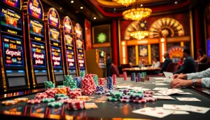 Adegan kasino yang menarik menampilkan permainan slot deposit pulsa dengan mesin berwarna-warni dan keping poker.