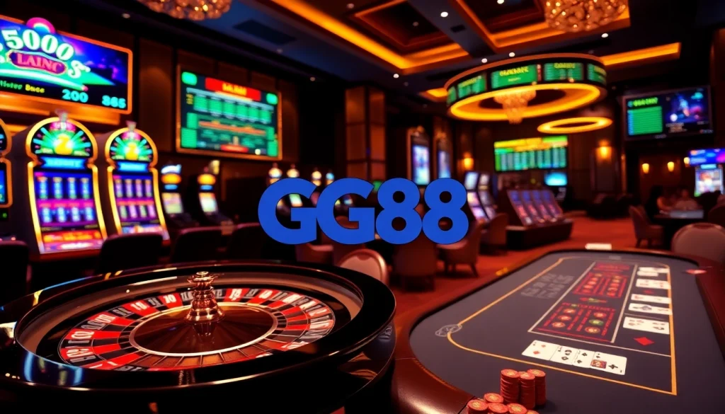 Experience the excitement of GG88 with a vibrant casino scene showcasing roulette and poker.