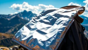 Emergency blanket displayed elegantly on a backpack in a scenic outdoor landscape.