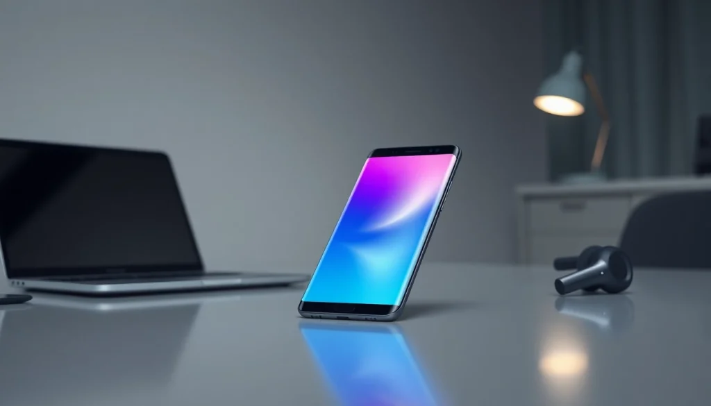 Samsung Galaxy S8 smartphone on a modern desk with sleek tech elements.