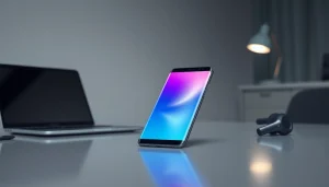 Samsung Galaxy S8 smartphone on a modern desk with sleek tech elements.