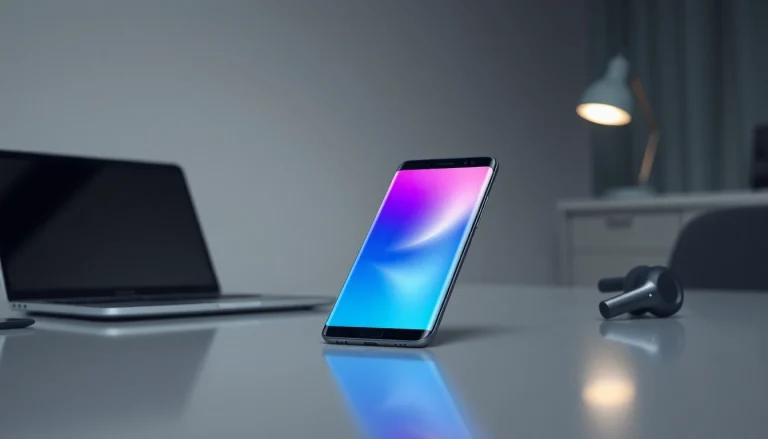 Samsung Galaxy S8 smartphone on a modern desk with sleek tech elements.