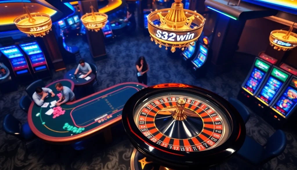 Gambling excitement with players at a table showcasing 32win branding and casino elements.