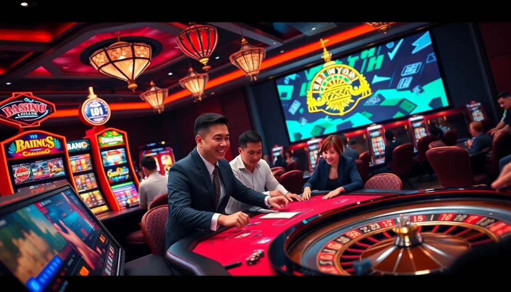 Players enjoying the Trang game Haywin experience at a vibrant online casino, highlighting excitement and luxury.