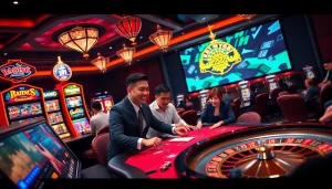 Players enjoying the Trang game Haywin experience at a vibrant online casino, highlighting excitement and luxury.