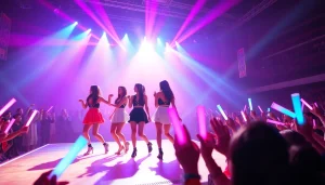 Catch the latest Blackpink news as they perform energetically on stage with vibrant lighting.