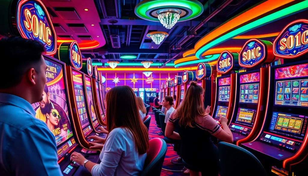 Main features of slot online games displayed in a lively casino setting, attracting players.