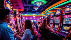 Main features of slot online games displayed in a lively casino setting, attracting players.