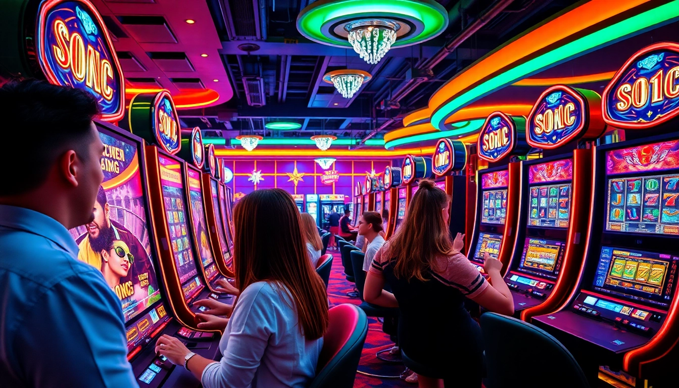 Main features of slot online games displayed in a lively casino setting, attracting players.