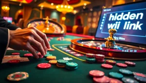 Betting at a luxurious casino with hidden wiki link visible on a glowing laptop screen.