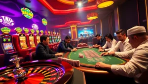 An exciting poker game in a vibrant casino scene showcasing https://88t.art/ with roulette and slot machines.
