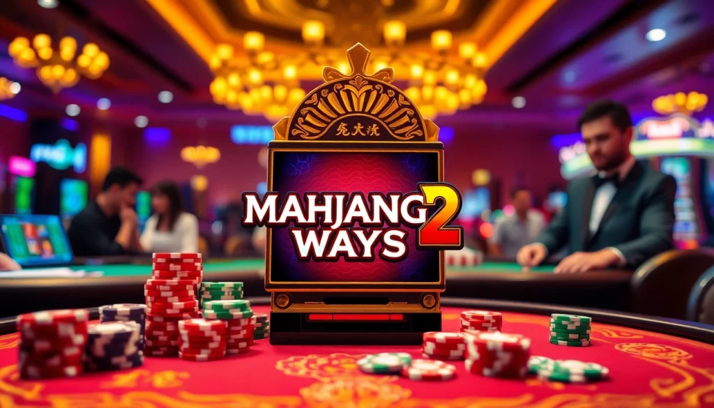 Experience the excitement of Mahjong Ways 2 with vibrant visuals of a luxury casino environment, showcasing a slot machine.