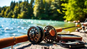 Fly fishing combo beautifully displayed alongside tranquil riverside scenery.