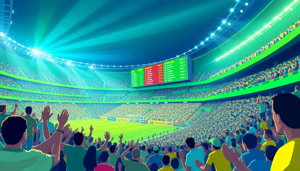 Scoreboard showing ผลบอลบ้าน in a vibrant football stadium filled with cheering fans.