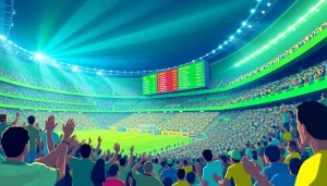 Scoreboard showing ผลบอลบ้าน in a vibrant football stadium filled with cheering fans.