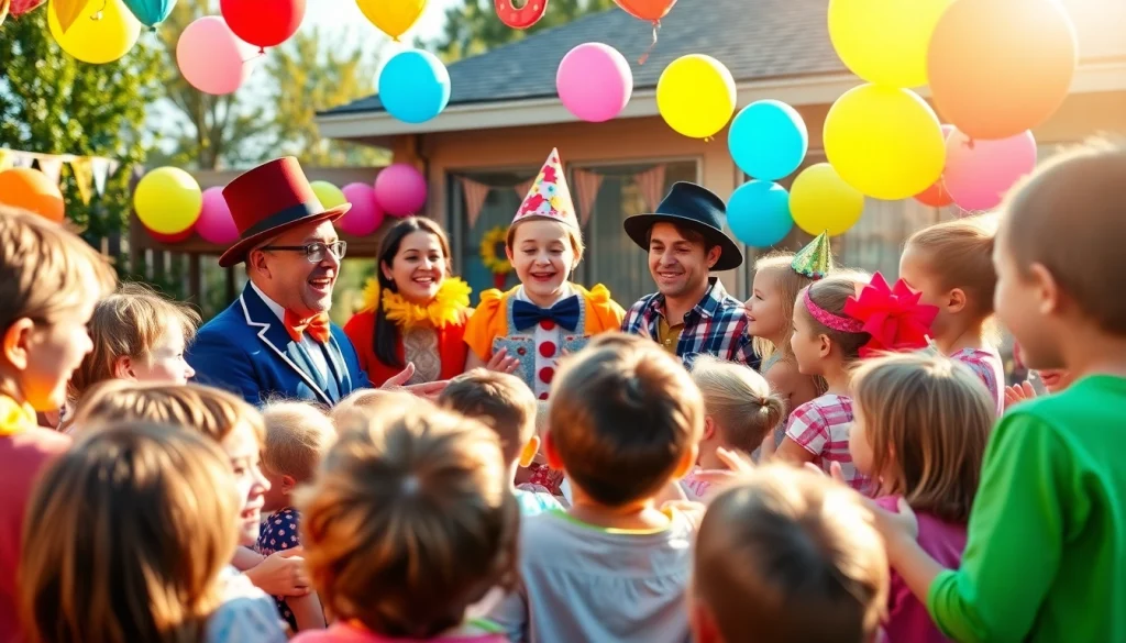 Birthday party entertainers creating joy with kids at a vibrant celebration.