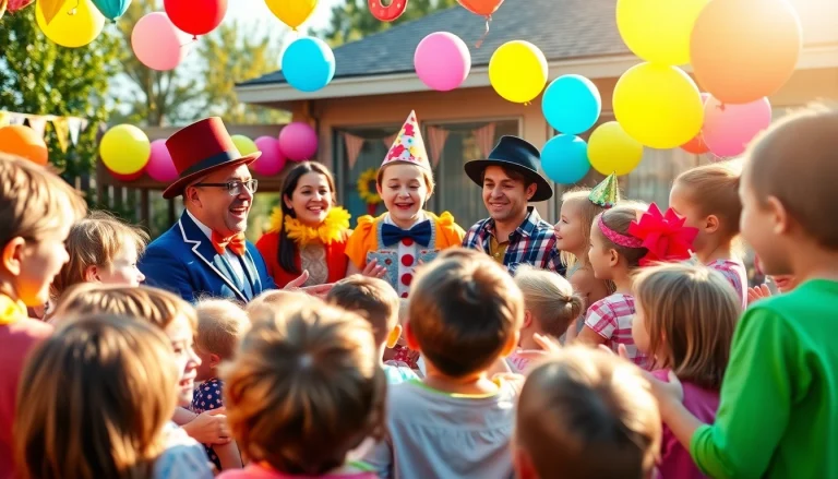 Birthday party entertainers creating joy with kids at a vibrant celebration.