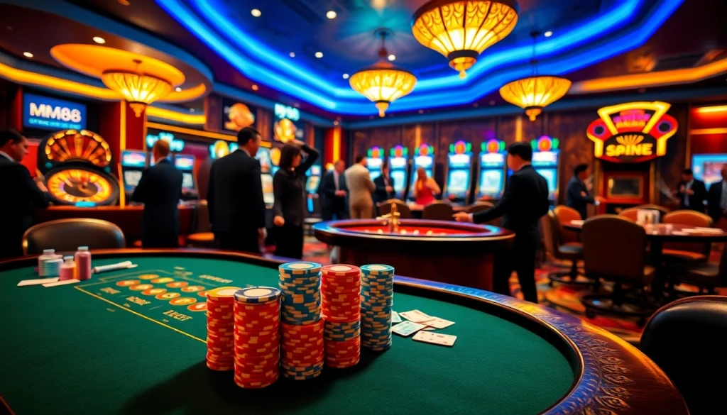 Experience thrilling gameplay at MM88's upscale casino with vibrant poker tables and slot machines.