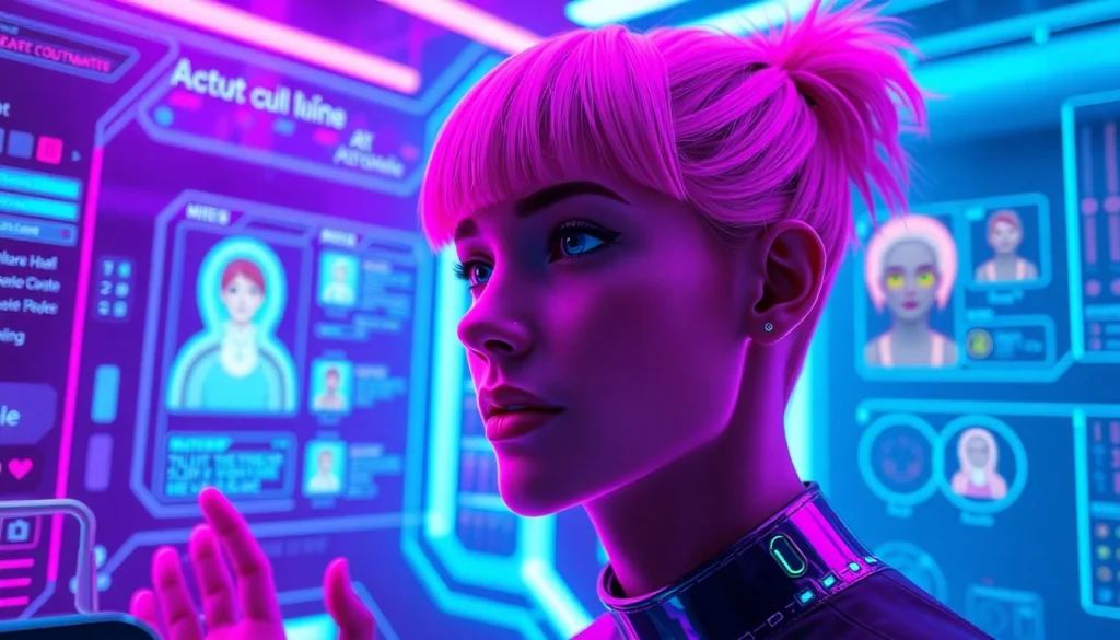 Engaging NSFW character AI interaction in a futuristic digital setting with vibrant colors.