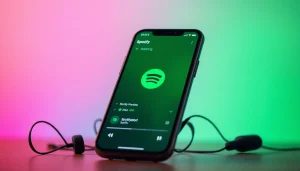 Spotify mod interface displayed on a smartphone with musical elements, showcasing vibrant connectivity.