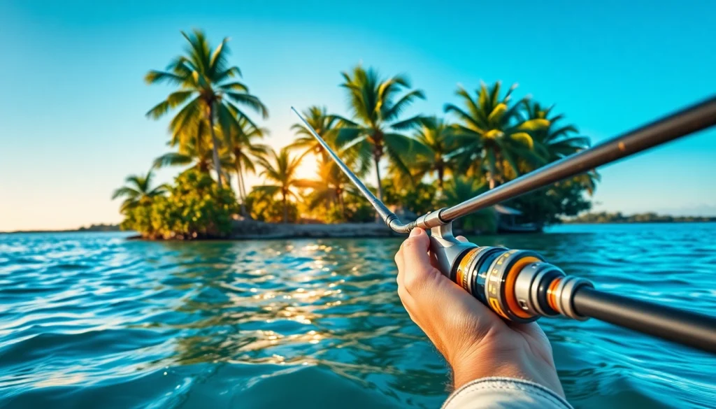 Engaging saltwater fly fishing scene showcasing an angler casting in tropical waters.
